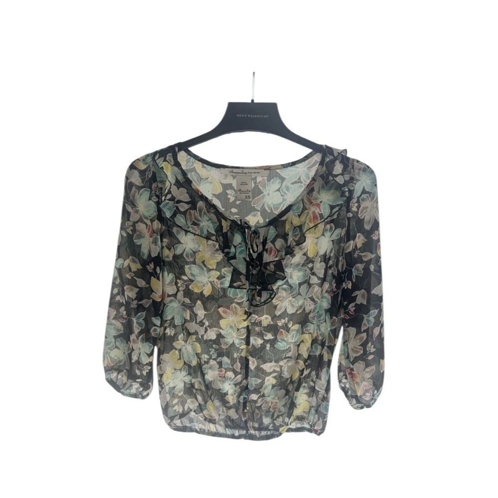 American Rag Sheer Floral Blouse‎ XS – Lightweight Mesh with Ruffle Neckline